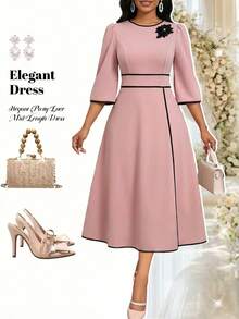 SHEIN Lady Women's Contrast Trim Round Neck Short Sleeve Mid-Length Dress Dress For Church For Women Modest Dress French Style Dress Elegant Dress - Baby Pink - View 8