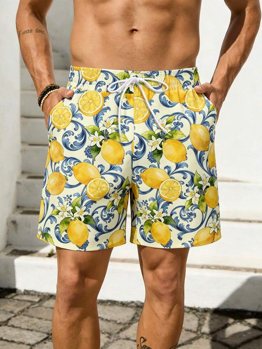 VIVINTIMO Men's Lemon Print Beach Shorts, Mesh Lining - Multicolor - View 1