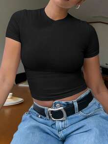 INAWLY Solva Women's Solid Color Round Neck Short Sleeve Fitted Casual T-Shirt - Black - View 2