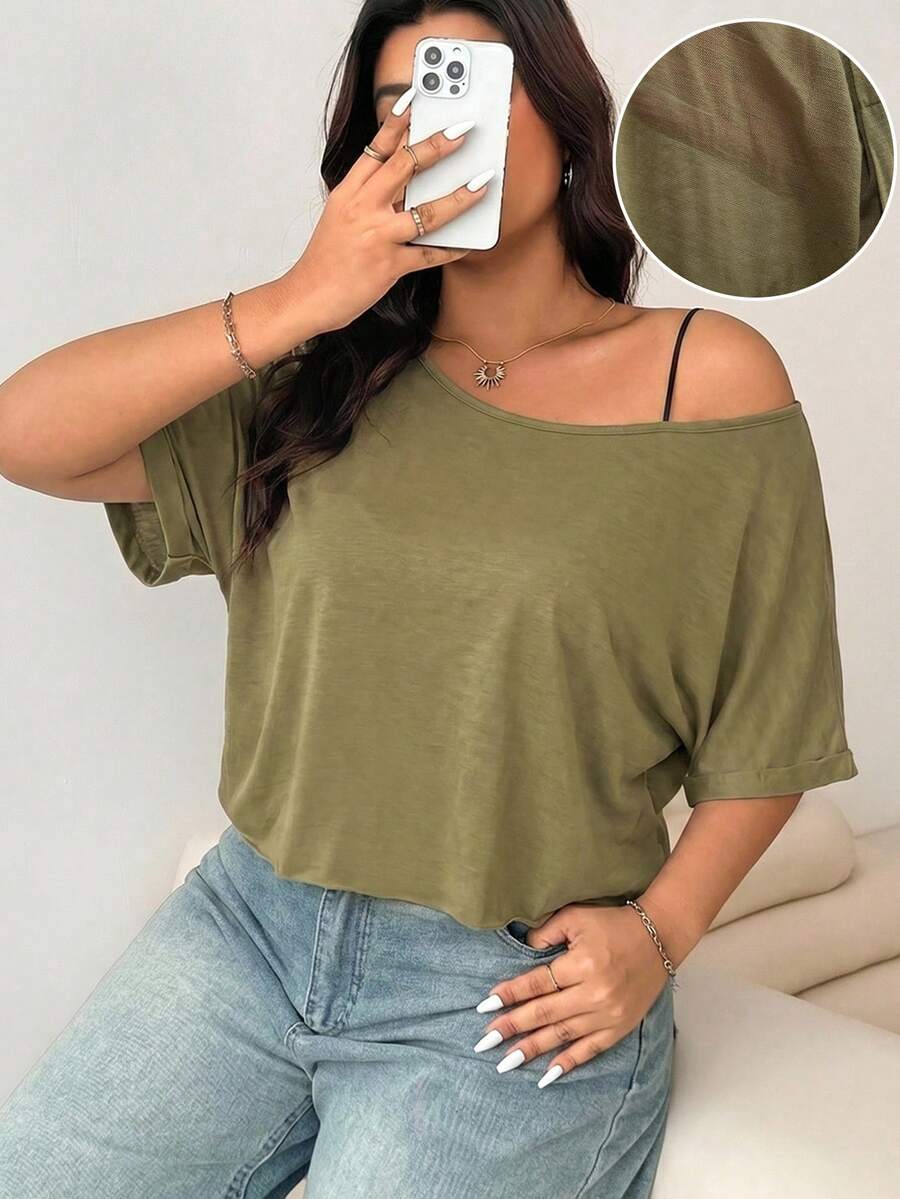Solflare 大码女式夏季休闲度假日常通勤纯色不对称领蝙蝠袖宽松半透明T恤 - 軍綠色 - 查看 1