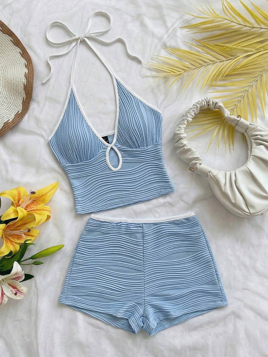 Soleia Women's Holiday Beach Vacation Backless Halter Top And Shorts 2 Pieces Set Blue And White Striped Summer - Blue - View 1