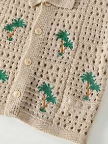 2pcs Young Boys Casual Vacation Palm Tree Crochet Texture Polo Collar Cardigan And Shorts Set, Comfortable And Versatile - Khaki - View 3