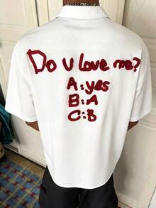 PAVTROS Men's Casual Letter Flocked Front Button Short Sleeve Shirt, Summer Funny Shirt Shirt With Text Custom Shirt Personalised Shirt - White - View 3