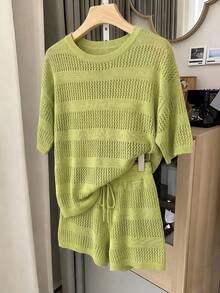 SHEIN EZwear Bộ đồ nữ màu trơn khoét lỗ vai rớt và quần short dệt kim, kiểu dáng thường ngày. - màu xanh lá - Xem 10