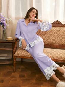 Côtesoire Bộ đồ ngủ nữ kiểu dáng thanh lịch miền Nam nước Pháp, gồm áo cardigan dáng suông nhăn nhẹ và áo khoác cardigan. - Màu tím - Xem 5