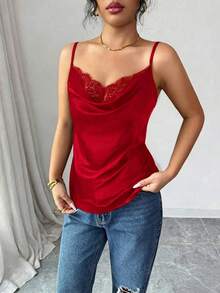 SXRafferiza Camiseta de satén con encaje elegante para mujer en negro - azul real - Ver 10