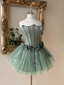 Lovelzi 优雅浪漫蕾丝网纱泡泡裙，无肩带束身胸衣，可拆卸蝴蝶结系带，可调节肩带，适合沙滩、假日派对、生日、毕业典礼、舞会、婚礼、鸡尾酒会等场合的女士礼服 - 橄欖綠 - 查看 3