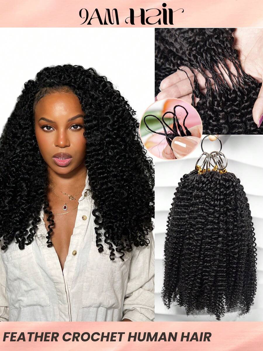 Boho Braids Tóc giả móc sợi xoăn tự nhiên không thắt nút dành cho nữ, trọng lượng 50g/150g/250g, đã được tách sẵn, kiểu tóc móc sợi mảnh, tóc xoăn tít, tóc thật 12A siêu nhẹ, màu đen tự nhiên.