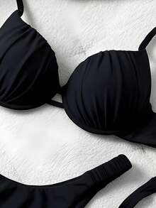 Bonvoyette Summer Vacation Beach Rigid Cup Ruched Bikini Set - Black - View 5