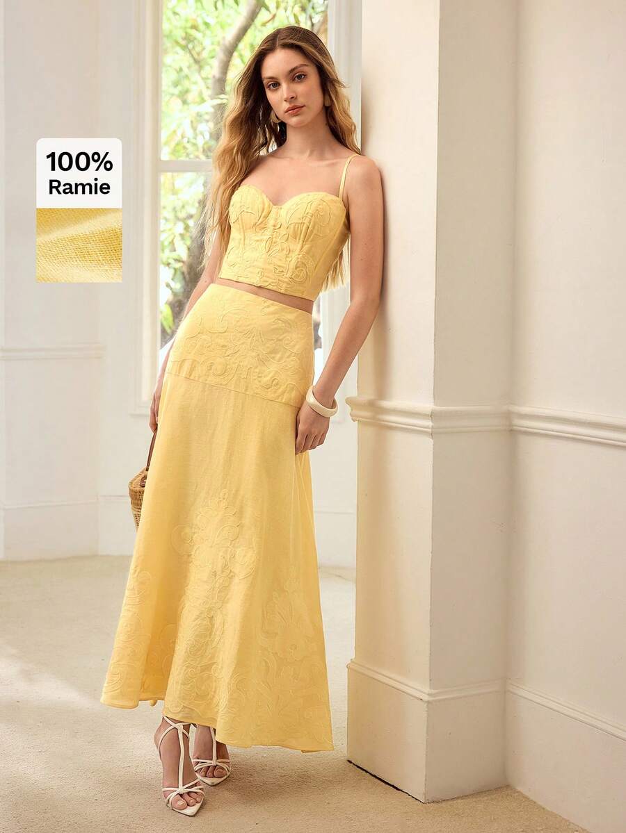 PREMIUM WOMEN'S COTTON LINEN EMBROIDERED FITTED CAMISOLE TOP, SPRING/SUMMER - Yellow - View 1