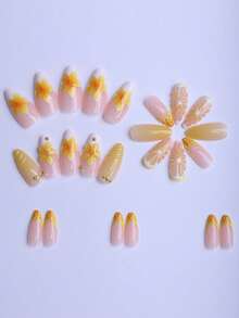 24片方形亚克力美甲贴片礼盒装，夏日柠檬汽水黄白渐变3D花朵，搭配金属珠、橙色圆点、白色珍珠，法式美甲，沙滩必备，金色海星，假日必备，附赠果冻胶和指甲锉。 - 彩色 - 查看 4