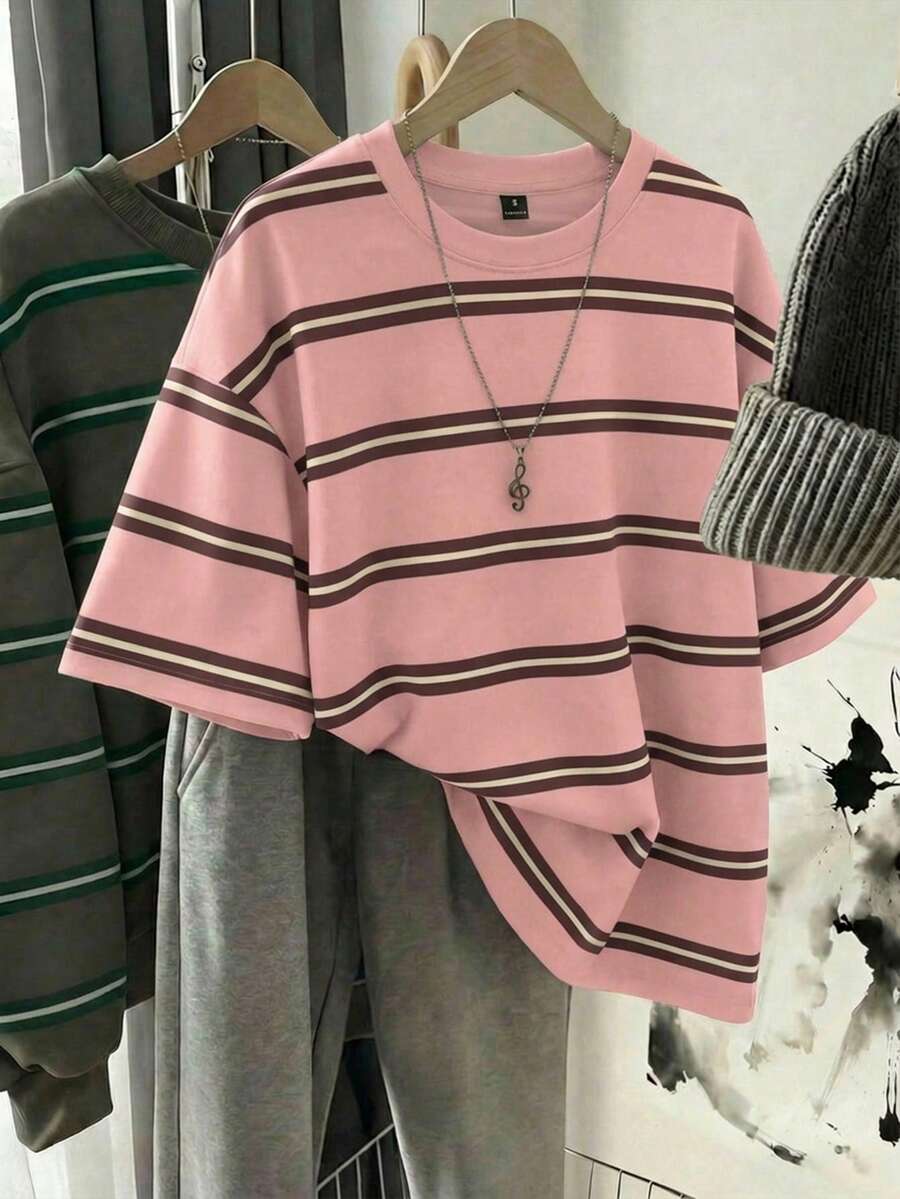 SHEIN EZwear 休闲简约粉棕条纹圆领宽松短袖T恤,适合夏季穿着 - 彩色 - 查看 1