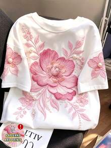 Resyla Áo thun nữ cỡ lớn cổ tròn tay ngắn thêu hoa và đính ngọc trai, kiểu dáng thường ngày, màu trắng, thích hợp mặc hàng ngày vào mùa hè và đi nghỉ mát. - màu đen - Xem 1