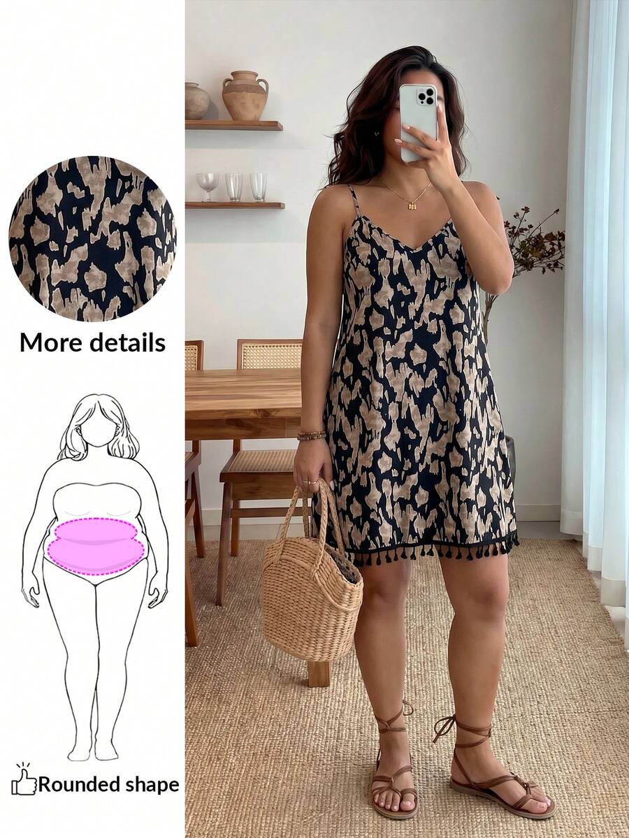Plus Size Vacation Spaghetti Strap Summer Boho Dress With Fringe Hem,Beach Dress Sundress,Holiday Outfits Party