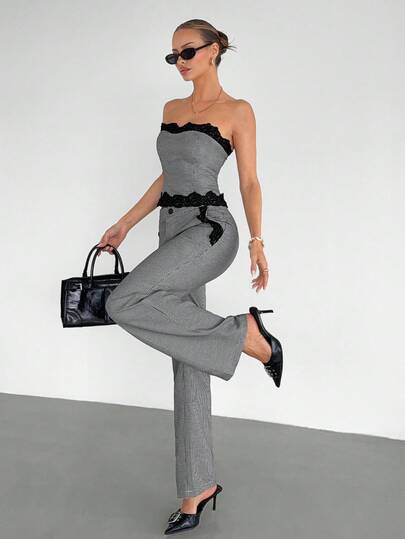 Siren Gaze Neuer Frühlings-/Sommer-Anzug mit Spitzentrimm Bandeau-Top und Hose für den Alltag