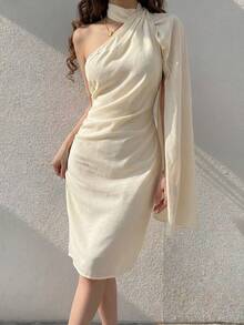 Feyla Vestido con cuello de bufanda elegante para mujer, para uso diario - Albaricoque - Ver 1