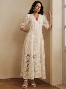 Anewsta Romantic French Style High-End Jacquard Petal Sleeve V-Neck Waist Flared Dress, Apricot Color, Suitable For Spring & Summer - Apricot - View 7