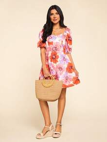 Vestido de verano con estampado floral, cuello de corazón y mangas abullonadas - Naranja - Ver 7