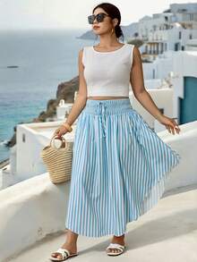Parysyn Plus Size Women's Black And White Smocked Waist Drawstring Asymmetrical Handkerchief Hem Maxi Skirt Autumn Boho Bohemian Beach Vacation - Blue - View 5