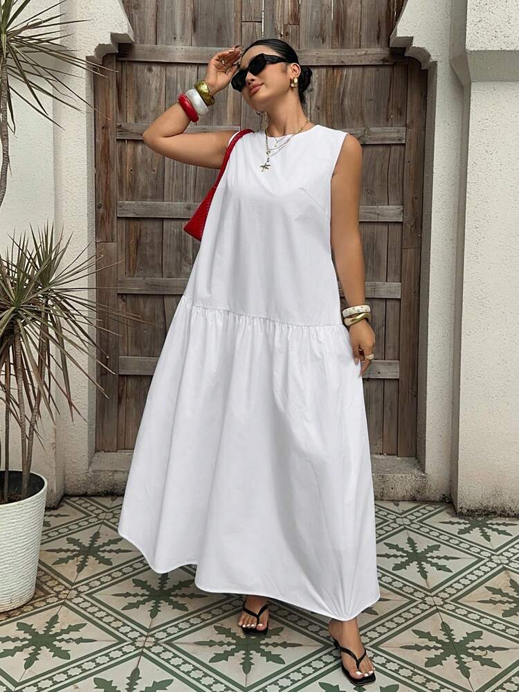 Dazy Plus Plus Size Women White Casual Dress, Round Neck, Spring/Summer Sun Dresses For Women