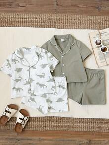 SHEIN 4pcs/Set Baby Boy Cute Cartoon Striped Rabbit Pattern Short Sleeve Knit Pajama Set, Summer Casual Homewear Set - Multicolor - View 4