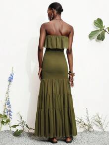 Aveloria Modichic Đầm nghỉ mát lãng mạn kiểu Pháp thanh lịch màu xanh ô liu bằng vải chiffon, có bèo nhún ở gấu váy, hở lưng, ôm sát và tôn dáng. - xanh quân đội - Xem 7
