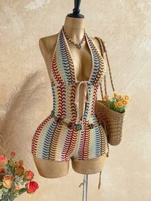 SHEIN WYWH Mono sexy con cuello en V profundo, frente con lazo y rayas para vacaciones de mujer - Multicolor - Ver 6