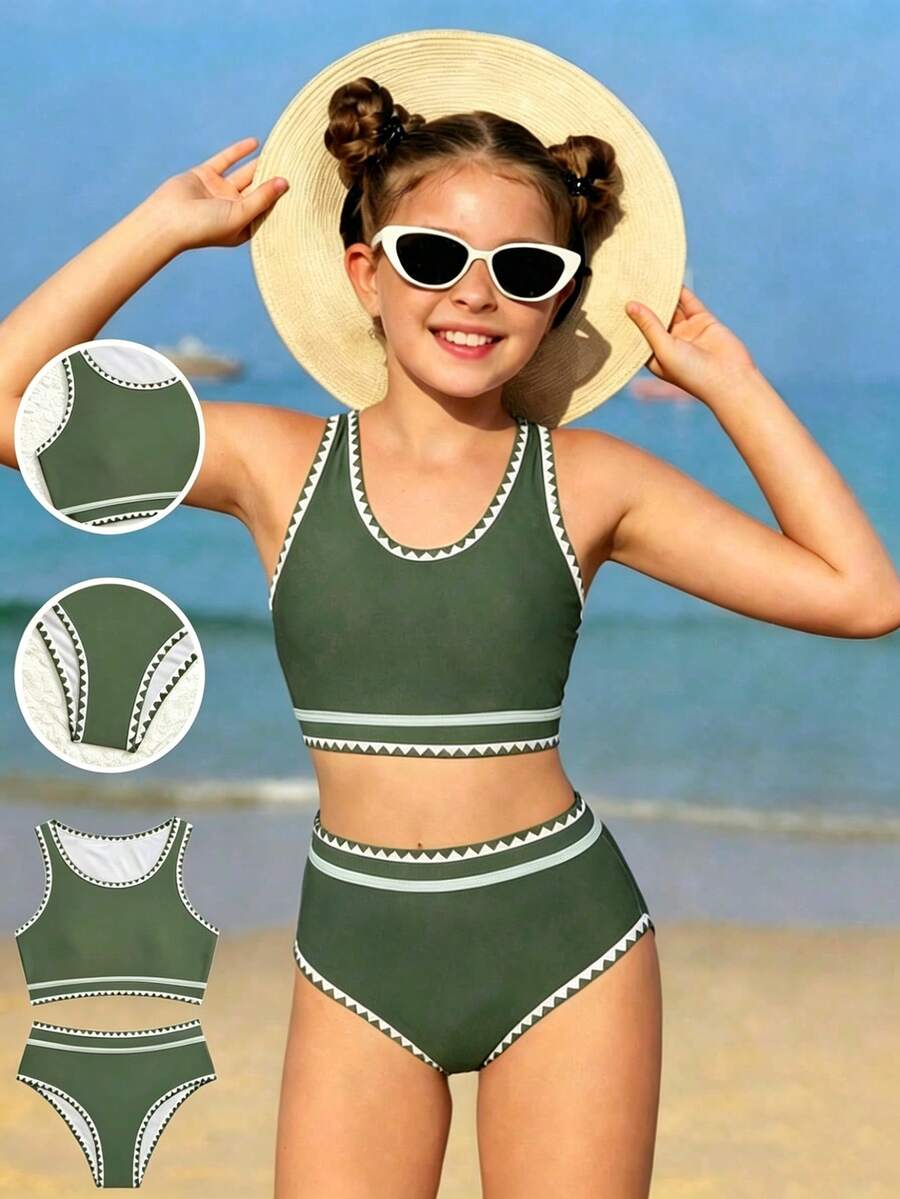 SHEIN 少女纯色荷叶边花卉装饰泳装套装，适合海滩、度假、春夏秋季穿着。