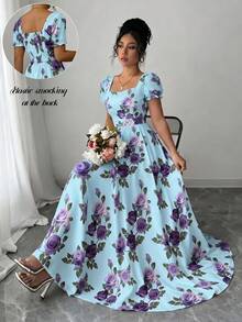 SHEIN Elenzya 女士花卉玫瑰印花方领褶皱A字泡泡袖优雅日常/度假/通勤时尚情人节约会法式街头复古百搭派对连衣裙，白色底红色玫瑰图案，早春/春夏新款短袖中长连衣裙 - 彩色 - 查看 3