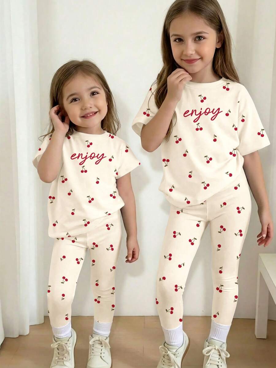 Cream White, Cute Mini Cherry Minimalist Sweet Letter Graphic, Young Girl Casual Loose Round Neck Short Sleeve T-Shirt And Leggings Set, Suitable For Spring & Summer Daily Wear, Farm, Picnic, Outing, Vacation, Homecoming, Back To School - Multicolor - View 1