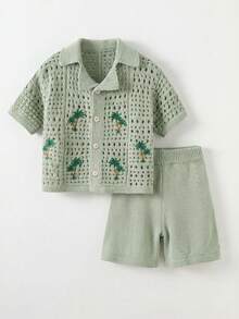 2pcs Young Boys Casual Vacation Palm Tree Crochet Texture Polo Collar Cardigan And Shorts Set, Comfortable And Versatile - Green - View 5