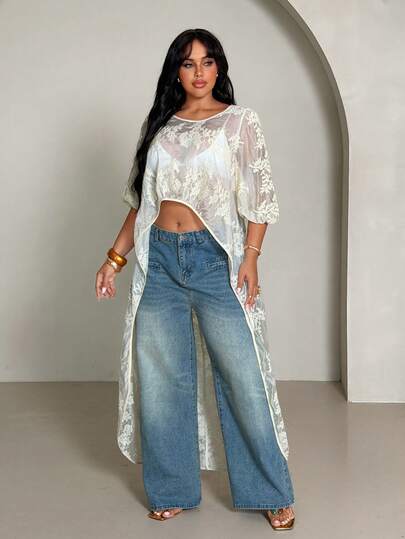 Rustia 薄纱刺绣衬衫罩衫，前短后长宽松休闲中长款衬衫外套，女士外出上衣，波西米亚风，沙滩装；纹理面料蕾丝刺绣水彩花卉饰边斗篷套头衬衫罩衫，女士休闲简约度假风衬衫上衣，春夏