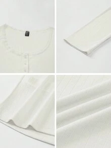 SHEIN PariChic 女士优雅休闲白色罗纹长袖亨利领上衣 – 精致蕾丝边圆领修身T恤，休闲纽扣基础款衬衫，柔软弹力面料，适合春夏休闲穿着，百搭叠穿，是办公室和周末穿搭的理想之选。 - 白色 - 查看 7