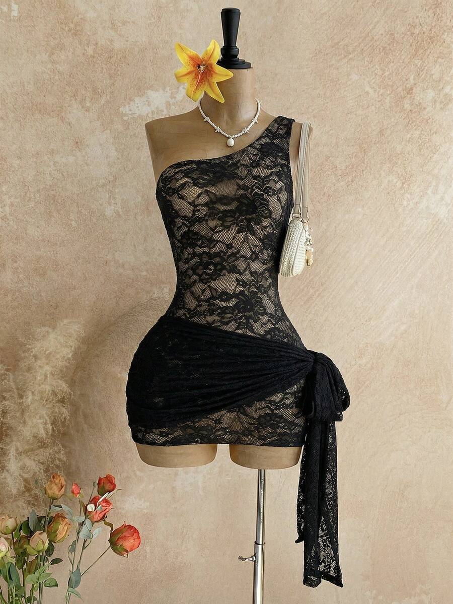 Soleia Đầm ngắn ôm sát gợi cảm một vai, hở lưng, buộc dây, chất liệu ren, thích hợp cho nữ, đi hộp đêm, hẹn hò, phong cách boho, du lịch, vintage, lễ hội. - màu đen - Xem 1