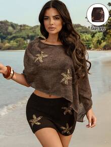 Swim SXY 2026 New Cross-Border Brown Single-Piece Knitted Sea Star Embellished Elegant Vacation Style Women's Swimsuit Skirt/ Starfish Skirt Brown Skirt Cover Up Bikini Cover Ups Skirt Brown Skirt For Beach - Brown - View 3