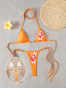 SHEIN Swim Vcay 2件套女士新款印花细肩带露背超三角比基尼上衣和丁字裤性感比基尼套装 - 橘色 - 查看 1