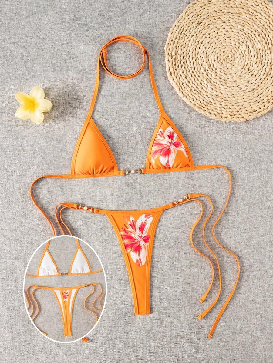 SHEIN Swim Vcay 2件套女士新款印花细肩带露背超三角比基尼上衣和丁字裤性感比基尼套装 - 橘色 - 查看 1