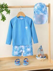 SHEIN 三件套包括：儿童/男童夏季休闲度假长袖泳衣、泳裤、防晒帽，适合海滩、水疗中心、游泳池等场所穿着。 - 彩色 - 查看 3