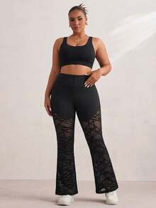 SHEIN Rhythm Era Plus-Size Women's High-Waisted Geometric Mesh Flared Sweatpants - Black - View 5