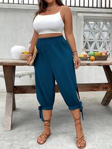 SHEIN CURVE+ Plus Size High Waist Drawstring 7/8 Pants, Spring/Summer - Blue - View 3