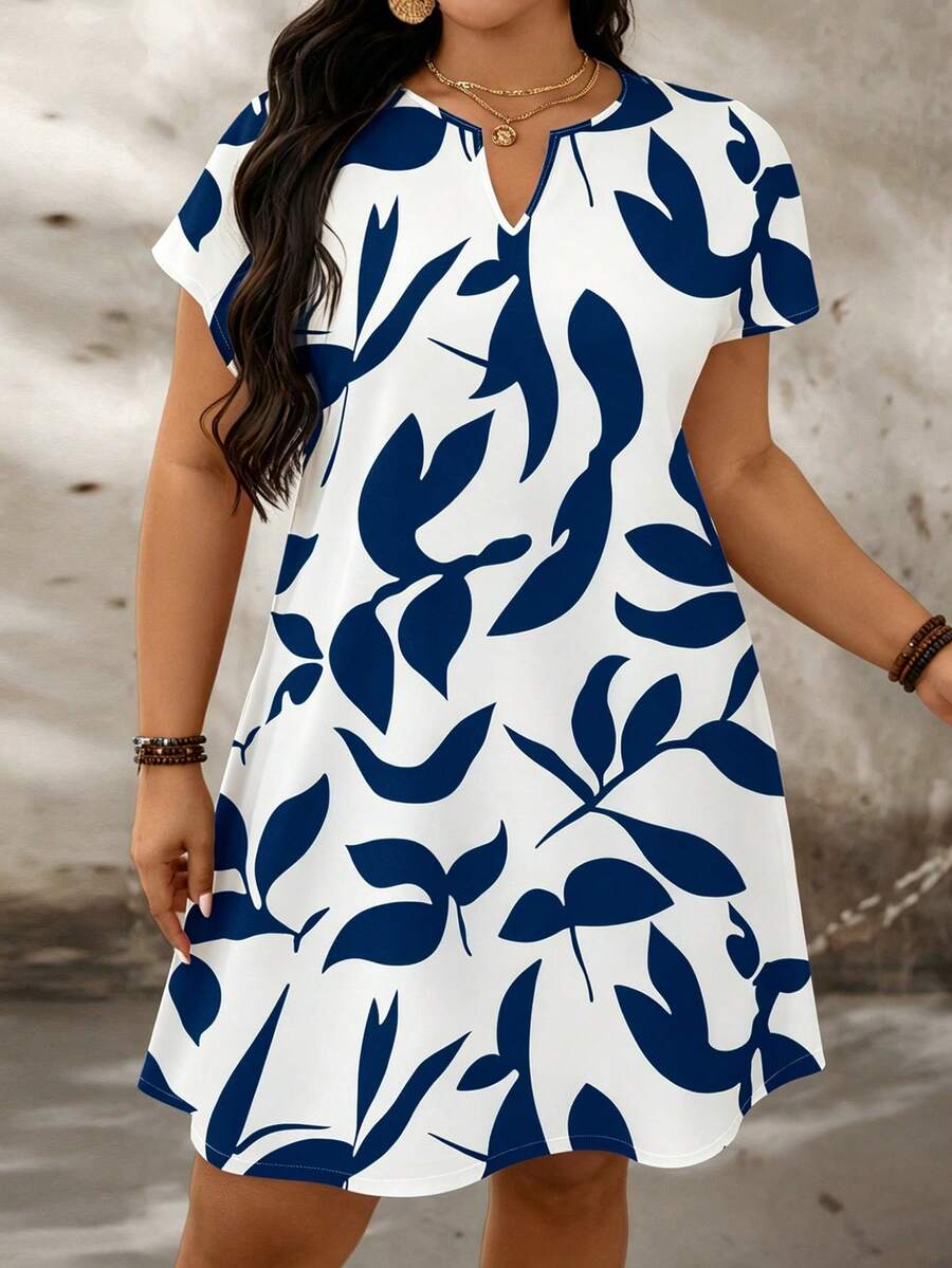 SHEIN LUNE Casual Minimalist Color Block Pattern Loose Short Sleeve Plus Size Dress, Suitable For Summer - Navy Blue - View 1