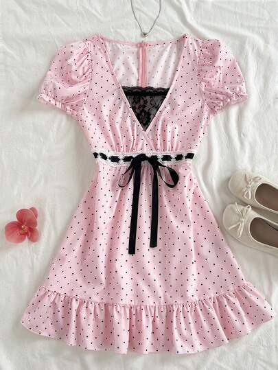 Elamini 女士甜美时尚波点印花系带蕾丝拼接连衣裙