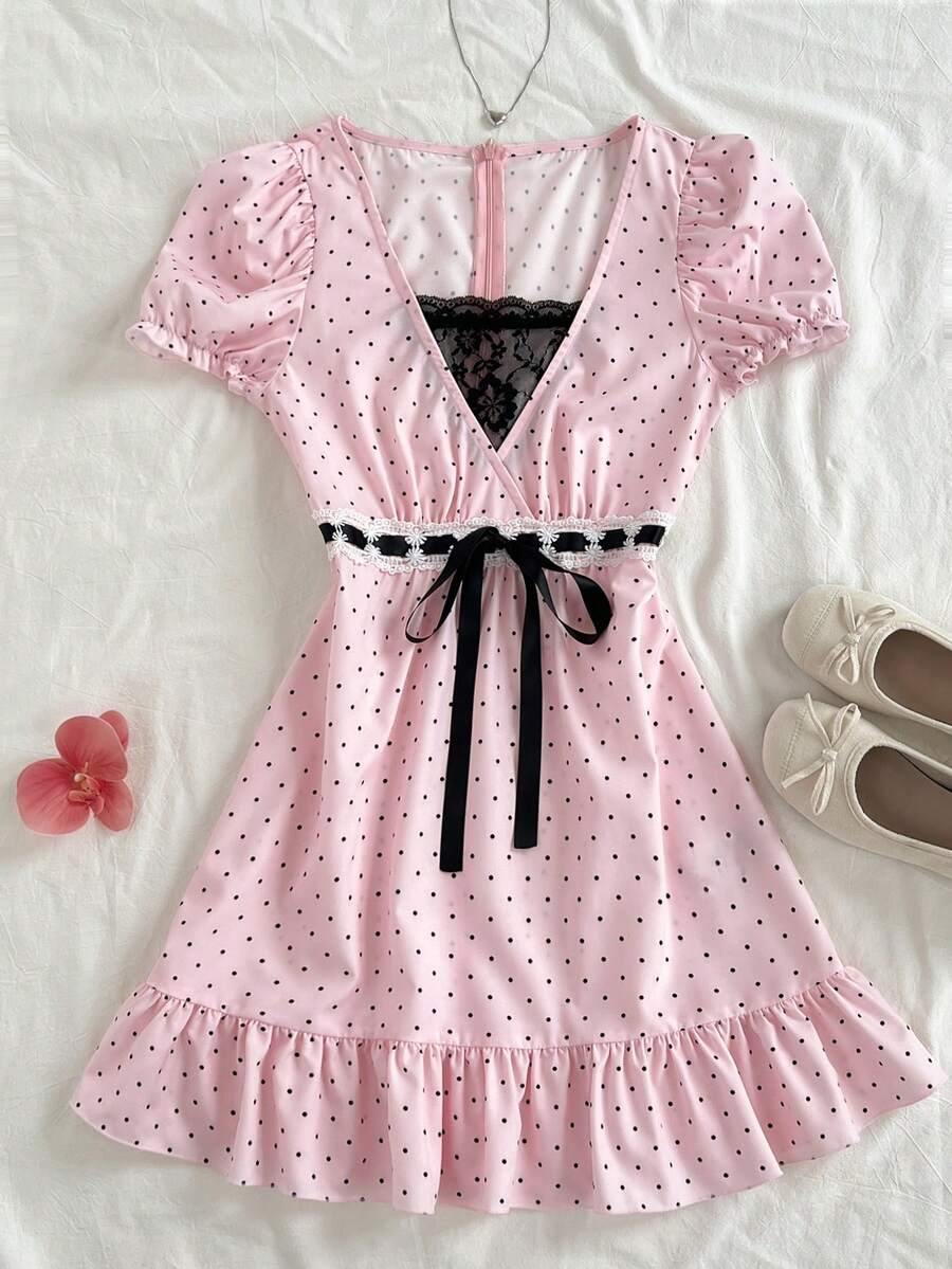 Elamini 女士甜美时尚波点印花系带蕾丝拼接连衣裙 - 粉色 - 查看 1