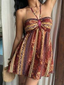 Sunnyshic Petite Đầm ngắn nữ thời trang thường ngày, phong cách bohemian retro, họa tiết paisley, đính sequin hình thoi, vạt áo bất đối xứng, cổ yếm và nơ, thích hợp cho kỳ nghỉ hè. - Nhiều màu - Xem 5