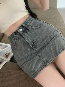 FRIFUL Chân váy denim ngắn nữ đính đá lấp lánh, kiểu dáng thường ngày, đa năng, thích hợp cho buổi hẹn hò, mùa hè. - Màu xanh lam - Xem 4