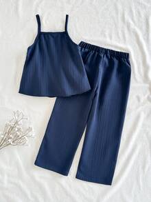 Vintaside Kids 2pcs/Set Young Girls' Floral Print Sleeveless Top And Matching Pants, Fitted Style Suitable For Outings, Casual, Sports, Parties - Navy Blue - View 2