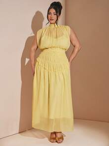 SHEIN BAE Stand Collar Tie-Up Waist Off-Shoulder Dress, Versatile - Yellow - View 3