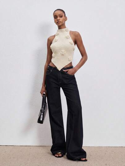 ATUI Studio 女士夏季度假3D立体花卉不对称下摆露背针织上衣