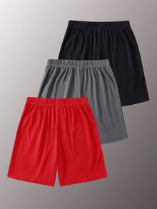 SHEIN 3pcs Teen Boy Casual Color-Block Reflective Strip Pattern Shorts Set, Black/Grey/Blue, For Sports & Home, School, Campus, College - Red - View 2