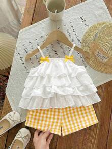 Babygirl Summer Cute Vacation Ruffle Camisole Top And Plaid Shorts Set - Yellow - View 6